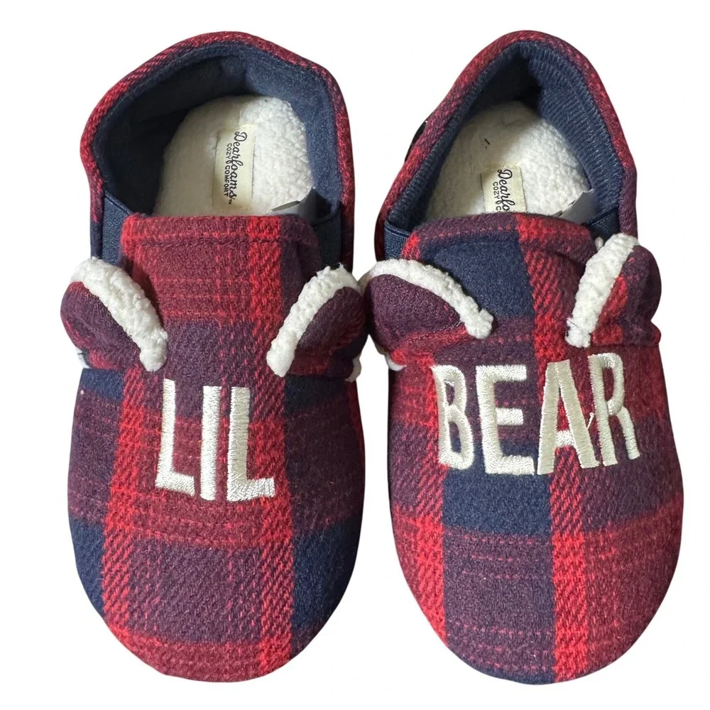 Dearfoams Kids LIL BEAR Plaid‎ Flannel Cozy Slippers Size 11-12 US